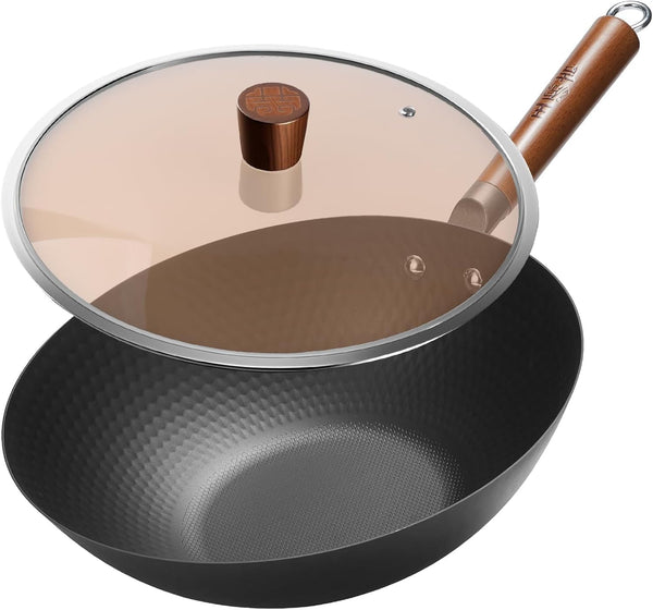Lightweight Carbon Steel Wok Pan with Lid, 12.6" Flat Bottom Stir Fry Wok for Induction, Electric & Gas Stoves, 2.9 Lb Wok Body, Pre-Seasoned Nitrided Wok, No Chemical Coating1