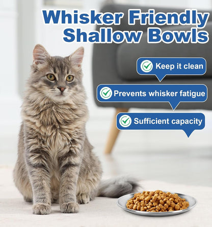 Supet Cat Plates Whisker Friendly, Non Slip Dish for Wet Food, Shallow Wide Flat Bowls Stainless Steel Metal for Indoor Cats, Kitten, Small Dog (13Oz, 4Pcs)6