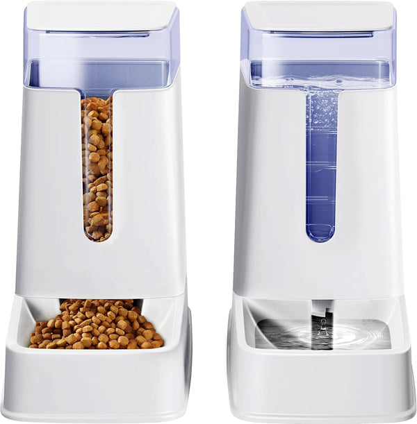 2 Packs Automatic Cat Feeder and Waterer, Gravity Dog Food and Water Dispenser Set for Small Medium Big Pets Cats Dogs Puppy Kitten, 1 Gallon X 2 (White)1