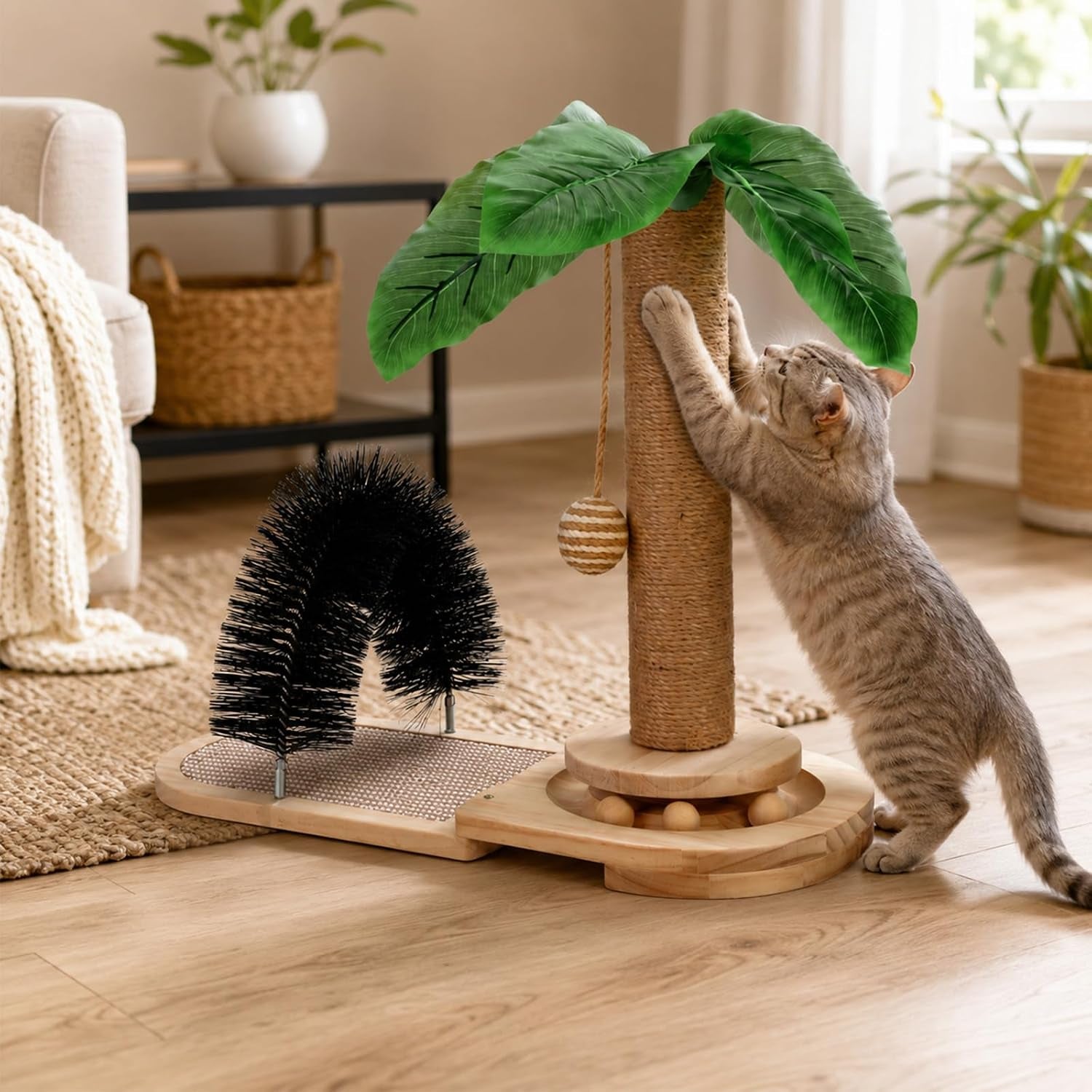 16-5-tall-sisal-cat-scratching-post-with-self-groomer-interactive-sisal-hanging-ball-fun-wooden-rolling-balls-for-small-cats-to-play-indoors-natural-sisal-cat-scratch-posts