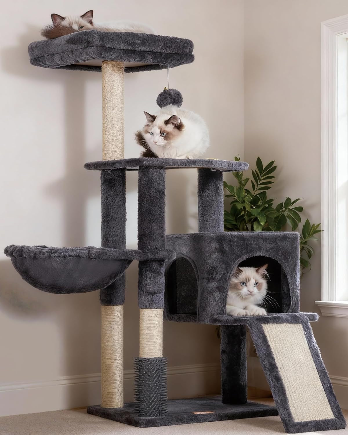 heybly-cat-tree-45-3-inch-cat-tower-for-indoor-cats-with-large-perch-all-in-one-cat-furniture-with-cozy-bed-hidden-space-cat-condo-comfy-hammock-scratching-posts-3-pompoms-light-gray-hct202sw