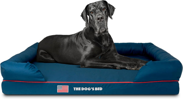 The Dog’S Bed Orthopedic Memory Foam Dog Bed with Bolsters for Large Dogs, High Density Support Mattress, Low Front Entry, Removable Washable Cover, Oxford Fabric, Blue with Dark Red Trim, Large42