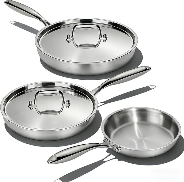 Stainless Steel Frying Pan Set with Lid, 3Pcs Skillet Set (Includes 8",10",12") - 5 Ply Stainless Clad - Heavy Duty & Professional Cookware Set, Fast & Even Heat, Dishwasher and Oven Safe1