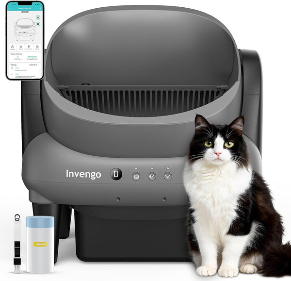 Invengo Automatic Self-Cleaning Cat Litter Box, Open Top Design with Safety Sensors and Anti-Pinch Protection, Smart Automatic Litter Box for Small & Medium Cats and Multi-Cat Homes, Charcoal Grey1