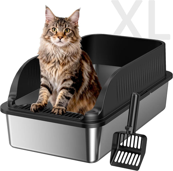 Stainless Steel Cat Litter Box with Lid, XL Metal High Sided Litter Box | Odor Free Open Top Litter Pan Easy Cleaning Anti-Urine Leakage Non-Stick Includes Scoop Light Grey10