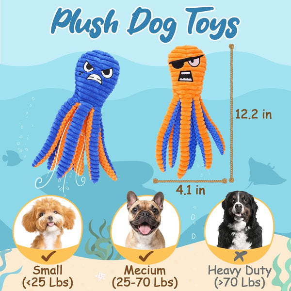 Zeaxuie Interactive Dog Toys for Chewers, 2 Pack No Stuffing Dog Toys for Teething, Squeaky Chew Toy to Keep Them Busy for Small and Medium Breed, Crinkle Octopus2