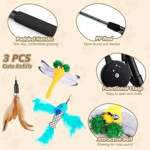 Pawaboo Cat Feather Toys, 4 Pack Interactive Cat Feather Teaser Wand Toys, Retractable Fishing Pole Wand Catcher Exerciser with Refill Fish, Dragonfly Worm with Bells, Fun Cat Kitten Kitty Playing Toy5