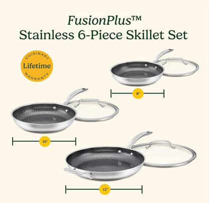 Hybrid Nonstick Frying Pans, Stainless Steel Scratch Proof, 3-Pc | Stainless Steel and Ceramic Frying Pan Set for Searing/Browning, Induction Pan with Lid, Oven Safe 500°F, 3 Sizes, FPS-6SSCR8