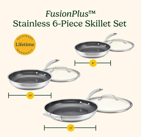 Hybrid Nonstick Frying Pans, Stainless Steel Scratch Proof, 3-Pc | Stainless Steel and Ceramic Frying Pan Set for Searing/Browning, Induction Pan with Lid, Oven Safe 500°F, 3 Sizes, FPS-6SSCR8