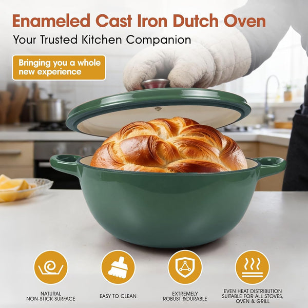5QT Enameled Cast Iron Dutch Oven for Bread & Multi-Cooking – Complete Sourdough Starter Kit with Lid ,Probe Thermometer, Proofing Basket, Silicone Sling & Gift Packaging Bags,Oven Safe up to 500°F(Green)7