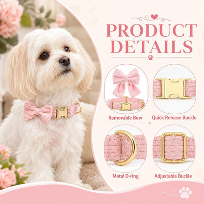 Dog Collar and Leash Set with Bowtie, Soft & Cute Puppy Collar, Cotton Puppy Collar with Adjustable Metal Buckle for Small, Medium Dog (Pink, Size S: Neck 10"-16")4