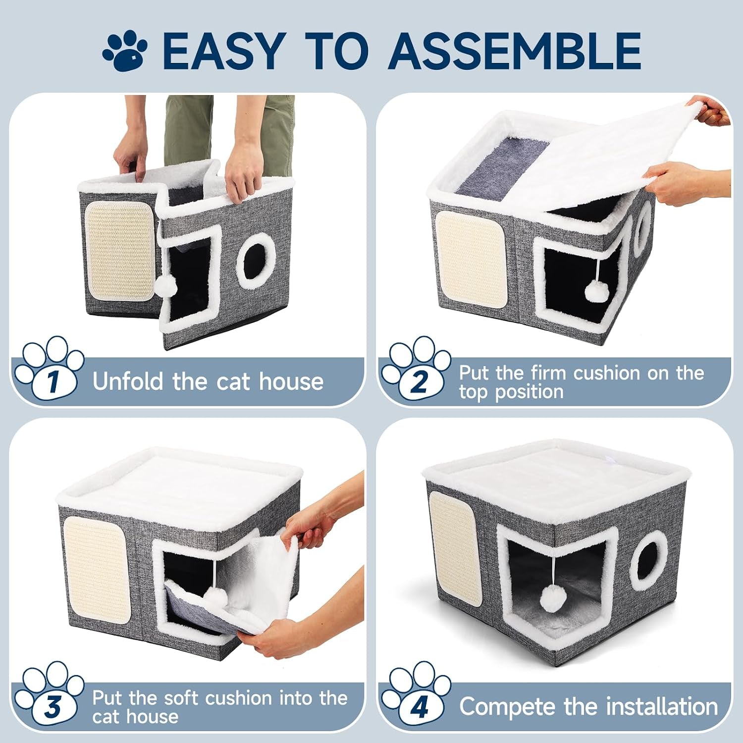 shikha-cat-house-bed-for-indoor-cats-with-fluffy-ball-and-scratch-pad-grey-foldable-large-cat-cave-hideaway-with-cozy-condo-hide-and-seek-window-holds-up-to-30lbs-all-season-reversible-cushion
