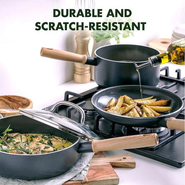 Hudson Healthy Ceramic Nonstick, 4 Piece Cookware Pots and Pans Set, Vintage Wood Inspired Handle, Pfas-Free, Dishwasher Safe, Black5