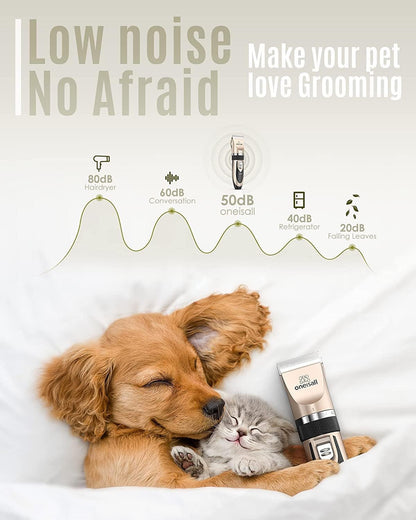 Oneisall Dog Clippers Grooming Kit for Dogs Cats Pets | Low Noise, Rechargeable Cordless, Long Battery Life, Simple for Beginners, 6 Guide Combs, Removable & Rinsable Blade2