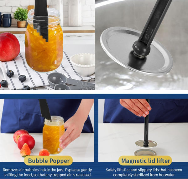 Canning Jar Lifter Tongs with Jar Lid Lifter Magnetic Lid Lifter,Canning Bubble Popper Bubble Remover and Canning Labels for Canning Supplies Starter Kit,4Pcs Canning Tools-Black4