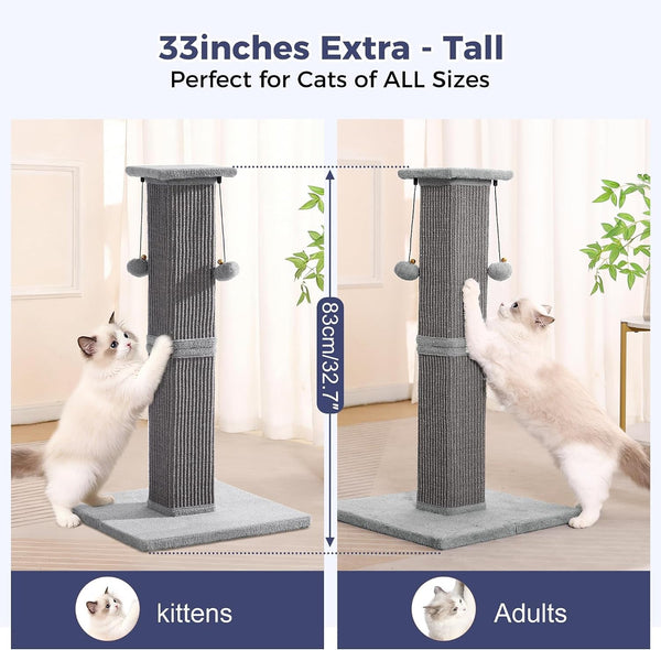 Tall Cat Scratching Post 33” Heavy Duty Sisal Scratcher Post | Modern Cat Scratching Post with Heavy Duty Base for Sturdy, Large 33" Vertical Sisal Rope Post & 2 Cat Toy Balls for Cat-Gray5