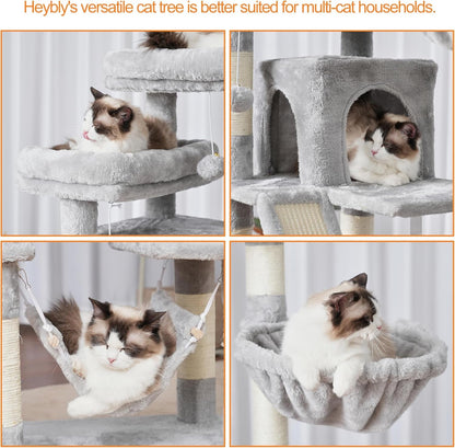 Heybly Cat Tree, 71-Inch-Tall Tower for Indoor Cats with 2 Perches HCT034W | Large Cat Furniture with 2 Big Condos, 2 Hammocks, Basket, Scratching Pad, Multi-Level Cat Condo, Light Gray5