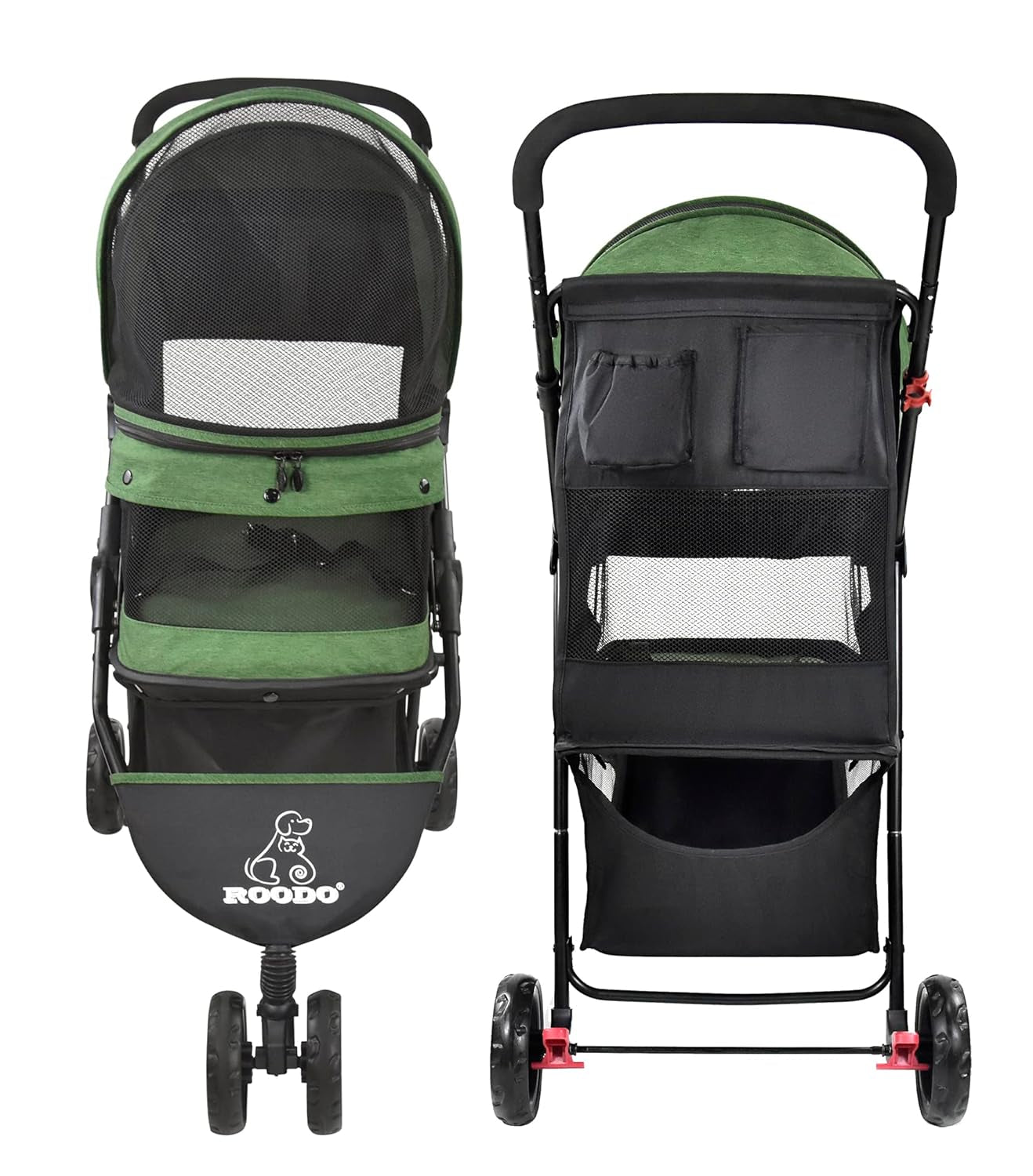 roodo-3-wheel-pet-stroller-best-lightweight-foldable-compact-portable-jogger-all-terrain-travel-pet-gear-puppy-kitty-stroller-for-up-to-30lbs-medium-small-dogs-and-catsgreen