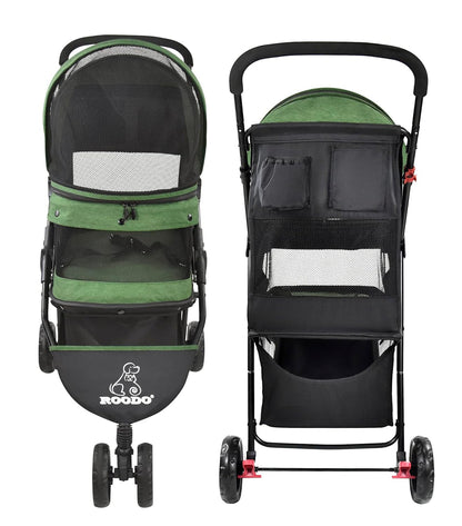 ROODO 3 Wheel Pet Stroller Best Lightweight Foldable Compact Portable Jogger All Terrain Travel Pet Gear Puppy Kitty Stroller for up to 30Lbs Medium Small Dogs and Cats(Green)9