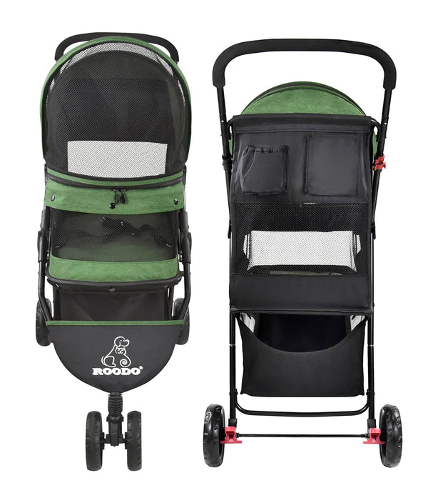 ROODO 3 Wheel Pet Stroller Best Lightweight Foldable Compact Portable Jogger All Terrain Travel Pet Gear Puppy Kitty Stroller for up to 30Lbs Medium Small Dogs and Cats(Green)9