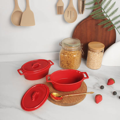 Ceramic Mini Oval Cocotte Set, 10 Ounces Small Casserole Dishes with Lids and Handles, Individual Baking Ramekins, Oven, Microwave & Dishwasher Safe, Red 7.1 Inch4