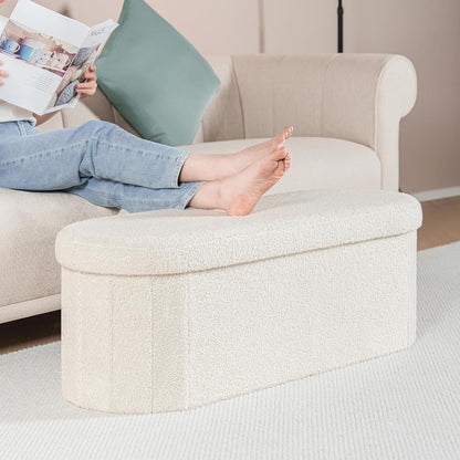 Ottoman with Storage for Living Room, Sherpa Folding Storage Ottoman Foot Rest, 43.3 Inches Collapsible Bedroom Bench White Cream6