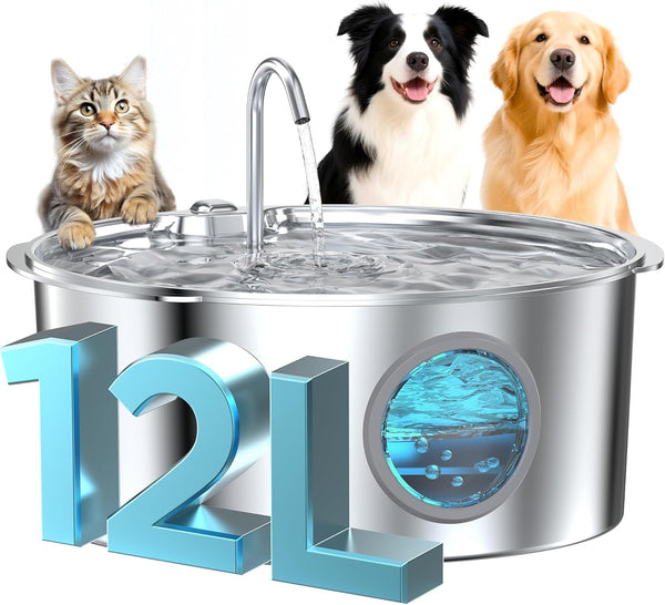 Dog Water Fountain for Large Dogs: Stainless Steel Dog Fountain Water Bowl - 3.2Gal/406Oz/12L Super Quiet Big Cat Water Fountain with Visual Water Level -Great for Large Dogs Cats and Multi-Pet Home1