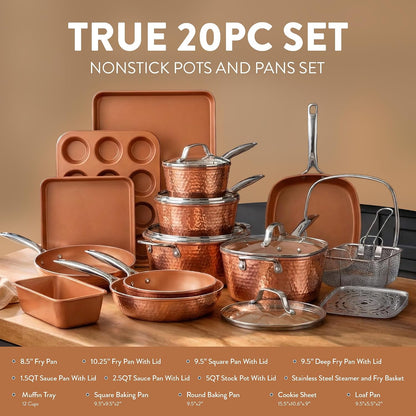 Hammered 20Pc Pots and Pans Set Non Stick Ceramic Cookware Set | Deep Frying Pan & Bakeware Set Included, Non Toxic PFOA/PFOS/PTFE Free, Induction Compatible, Oven & Dishwasher Safe2