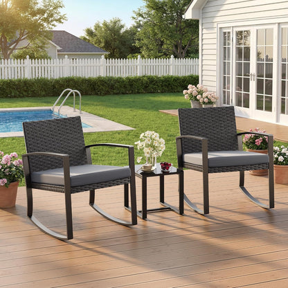 3 Pieces Patio Furniture Set Rocking Bistro Set Outdoor Rattan Conversation with Coffee Table for Garden Balcony Backyard Poolside (Grey Cushion)7