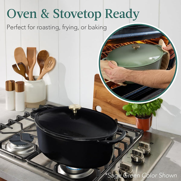 Best Choice Products Oval 7.5 Quart Enamel Cast-Iron Dutch Oven, Heavy-Duty Pre-Seasoned for Baking, Cooking W/Side Handles – Black Licorice4