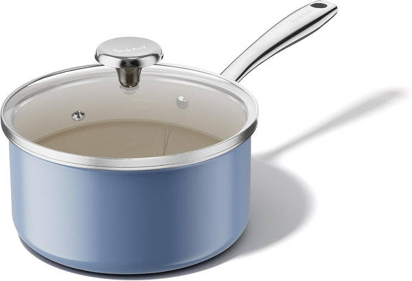 Nonstick Ceramic Sauce Pan with Lid, 2.5QT Small Cooking Pot with Stay-Cool Handle, Kitchen Non Toxic Soup Pot, PTFE & PFOA Free, Oven & Dishwasher Safe, Compatible with All Stovetops-Blue1