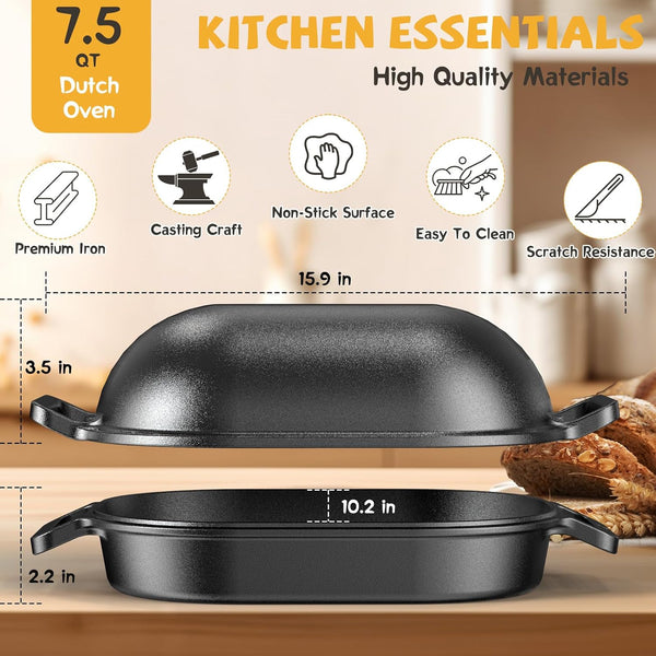 7.5QT Dutch Oven for Sourdough Bread Baking, Cast Iron Bread Pan with Lid | Advanced Multi-Functional Dutch Oven with Banneton Bread Proofing Basket & Baking Supplies, Cast Iron Bread Pan with Lid3