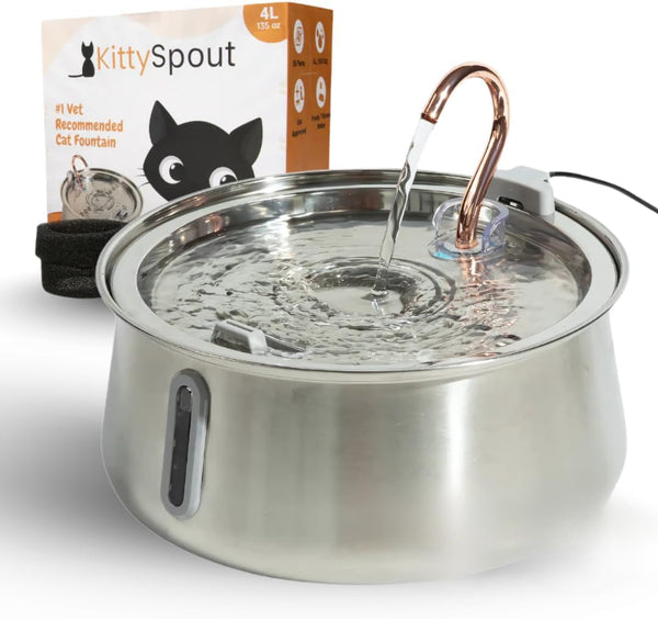 Kittyspout Stainless Steel Cat Water Fountain Automatic Drinking Fountain, Quiet Circulating Water Bowl, Dishwasher Safe, Indoor Pet Fountain for Hydrated Healthy Cats (Stainless Steel, 4L Corded)1