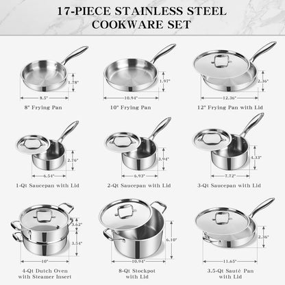 Stainless Steel Cookware Set, 3 Ply 17 Piece Stainless Steel Pot and Pan Set, Oven Dishwasher Safe | Induction Compatible Frying Pans, Saucepans, Saute Pan & Stock Pot, PFOA, PTFE & PFOS Free3