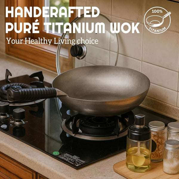 Pure Titanium Wok with Lid, Ultra Lightweight 2.5 Lbs Titanium Wok Single-Piece Molded No Coating Rivetless Handcrafted Frying Pan Durable Cookware for Gas Stove Home & Outdoor Camping2