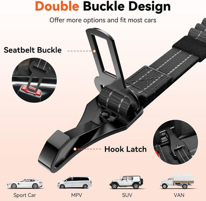 2Pcs Dog Seat Belt, Dog Car Seat Belt Bungee for Pet, Black | Buckle & Hook Latch, Adjustable Reflective Pet Vehicle Tether, 360° Swivel Lock Clasp2