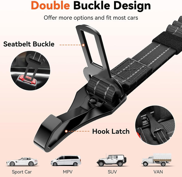2Pcs Dog Seat Belt, Dog Car Seat Belt Bungee for Pet, Black | Buckle & Hook Latch, Adjustable Reflective Pet Vehicle Tether, 360° Swivel Lock Clasp2