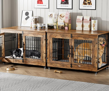 Medium Dog Crate Furniture, 32'' Heavy Duty Kennel W/Cushion & Wheels | Grey, Double Doors, Wooden Dog Cage, Chew-Resistant, End Table, Decorative, 27"/32"/38"/44" Options, Indoor16