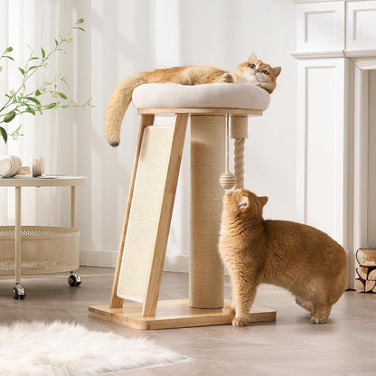 Modern Cat Tree Small Tower with Scratching Post for Indoor, 28 Inch Solid Wood Multifunctional Corner Cat Tree Tower with Bed, Dangling Ball,Interactive Rope, Scratching Board7