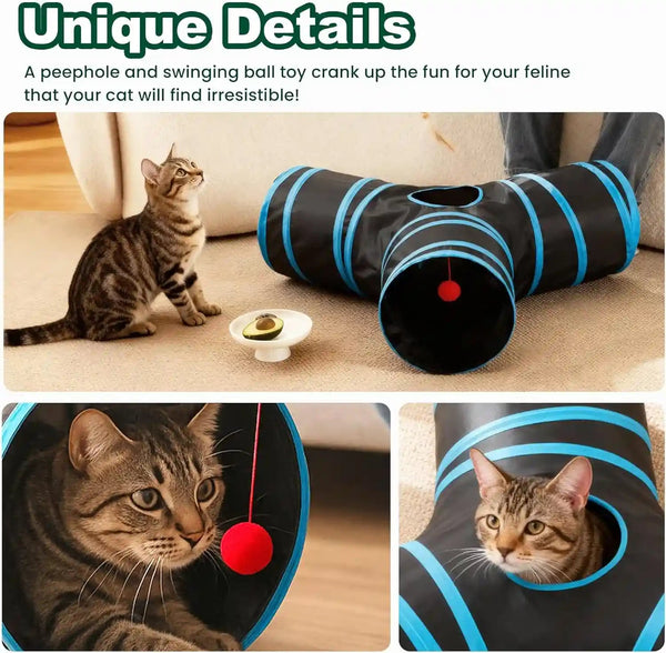 Love’S Cabin Cat Tunnel for Indoor Cats, 3-Way Collapsible Play Tunnel with Teaser Wand, Peek Holes & Toy Ball, Small Pet Toy for Kittens & Rabbits, Black & Blue, Small Size7