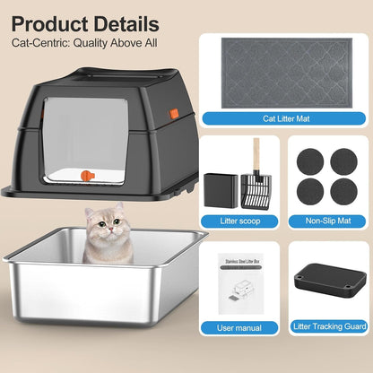 Stainless Steel Litter Box with Lid,Front Entry Top Exit Kitty Litterbox,Extra Large Enclosed Metal Cat Box with Litter Scoop & Litter Mat-Black6
