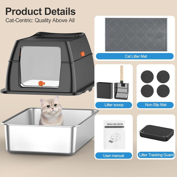 Stainless Steel Litter Box with Lid,Front Entry Top Exit Kitty Litterbox,Extra Large Enclosed Metal Cat Box with Litter Scoop & Litter Mat-Black6