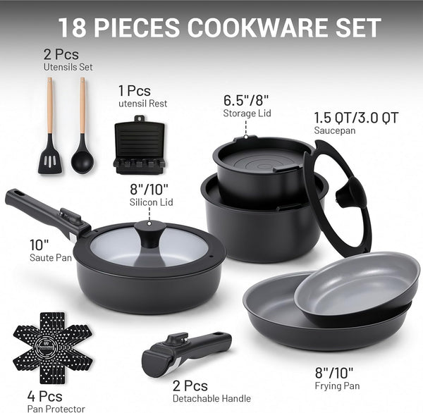 18-Piece Ceramic Pots and Pans Set Non Stick, Non Toxic Cookware Set with Removable Handles, Pot Sets for Cooking, Induction Ready, Dishwasher & Oven Safe, PFAS PFOA & PTFE Free (Black)7