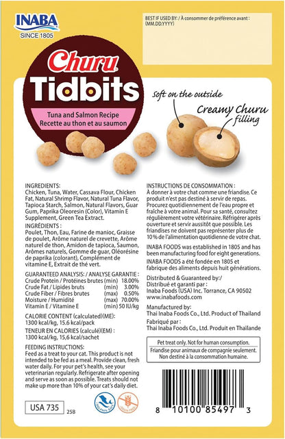 INABA Churu Tidbits Chewy Cat Treats, Tuna Salmon, 8Ct | Immune Support, Antioxidant Support, 70% Moisture, Training Treat, Dual Texture, 8 X 0.42 Oz Packs6