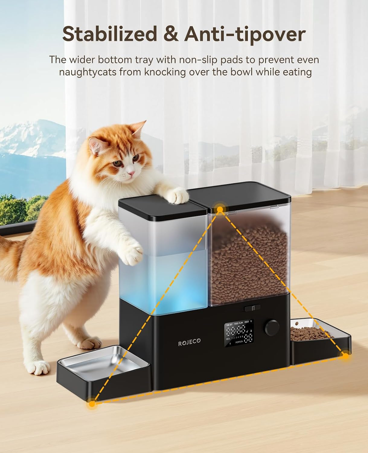 rojeco-36cups-8-5l-pet-automatic-cat-feeder-and-gravity-water-dispenser-stainless-steel-bowls-2-in-1-set-large-capacity-5l-food-feeder-and-3-5l-water-fountain-for-cats-pets-small-dogs-black