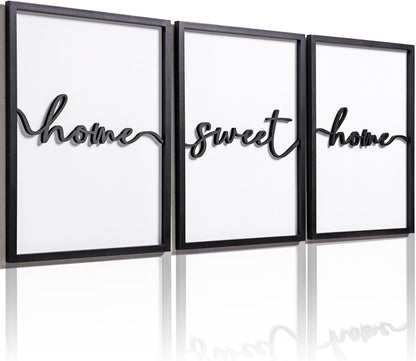 3D Wood Home Sweet Home Wall Art, Modern Home Sweet Home Sign for Large Living Room Wall Decor(Ready to Hang, Set of 3, 12X16 Inch, Framed)1