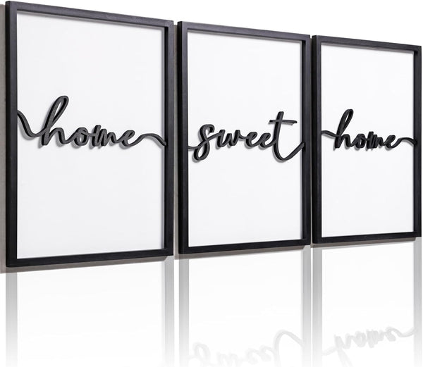 3D Wood Home Sweet Home Wall Art, Modern Home Sweet Home Sign for Large Living Room Wall Decor(Ready to Hang, Set of 3, 12X16 Inch, Framed)1