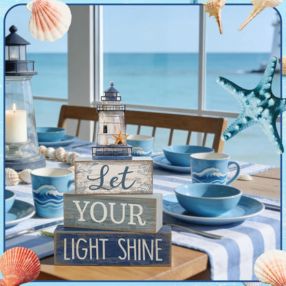 4 Pcs Lighthouse Coastal Decor Wooden Block Signs Rustic | Bathroom Tabletop Decoration for Home, Lighthouse Topper Tiered Display, Let Your Light Shine Phrase Wood Stacking Blocks5
