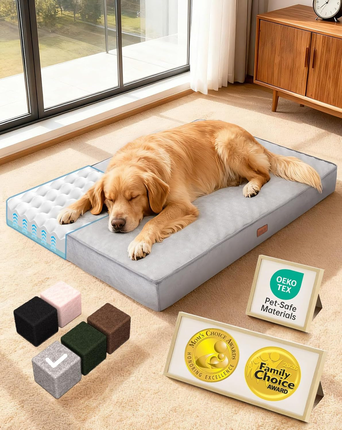 ohgeni-orthopedic-waterproof-large-dog-bed-memory-foam-41-inchgray-machine-washable-removable-cover-in-easy-clean-fabric-reversible-memory-foam-easy-carry-handle-suitable-for-crate