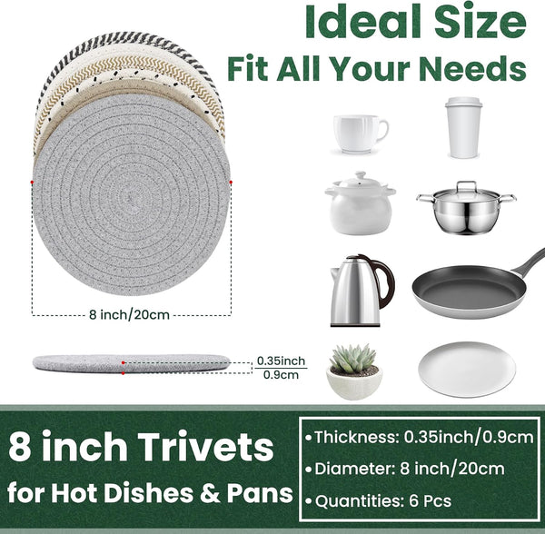 8 Inch Trivets for Hot Dishes, Hot Pots and Pans, 6 Pcs | Thick Heat Resistant, Large Coaster for Kitchen, Hot Pads, Kitchen Essentials, Kitchen Decor for Table & Countertop2